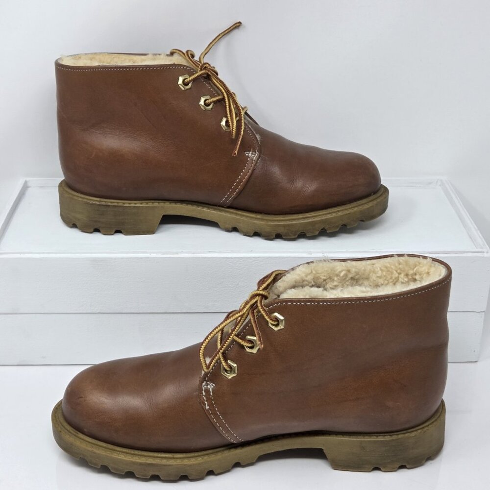 Vtg Timberland Womens 6.5 USA Brown Leather ankle Boots Sherpa Oil Resistant - Picture 2 of 10
